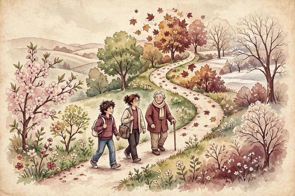 Illustration of people of different ages walking along a path through the seasons of life