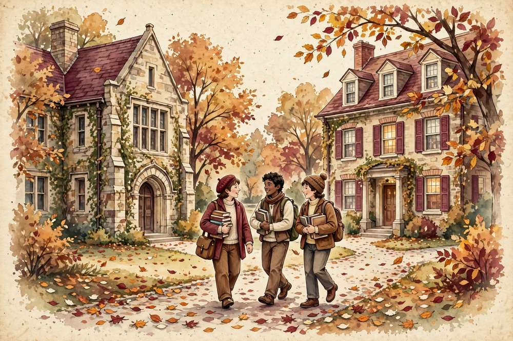 Illustration of college students with books walking between old university buildings in autumn