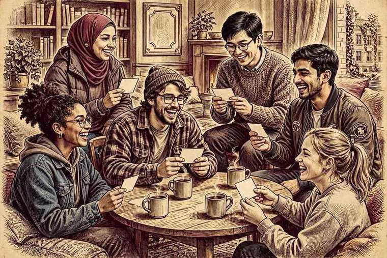 Illustration of friends laughing together while comparing their Rice Purity Test result cards
