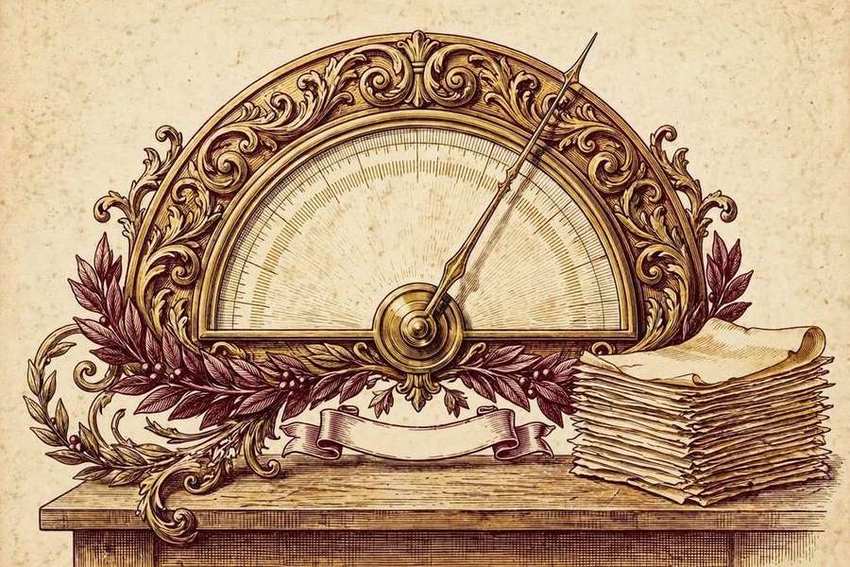 Ornate vintage gauge illustration representing a Rice Purity Test score between 0 and 100