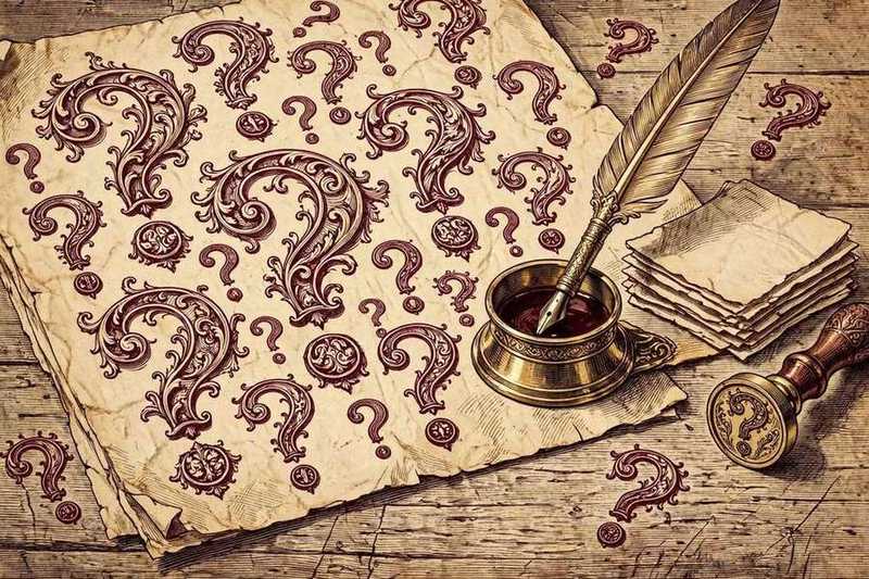 Parchment page with question marks illustration for Rice Purity Test frequently asked questions