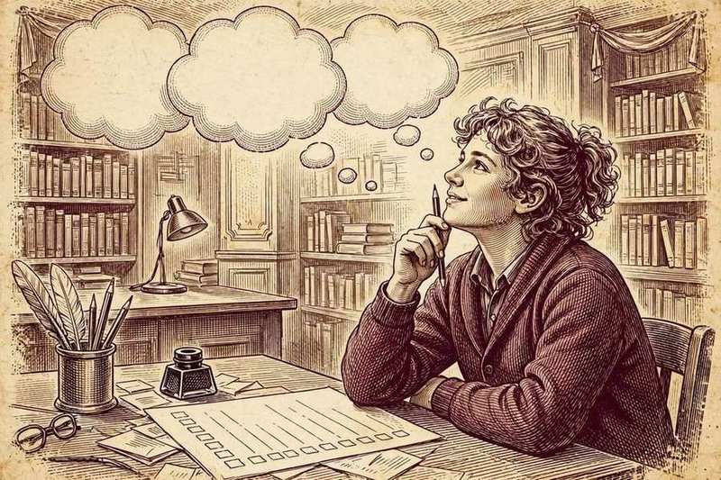 Illustration of a student thinking with empty thought bubbles while taking the Rice Purity Test