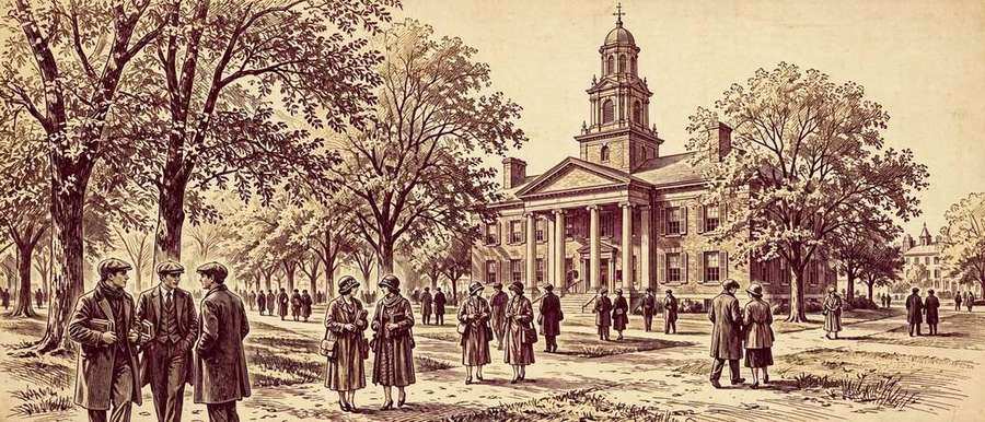 1920s university campus illustration for the history of the Rice Purity Test