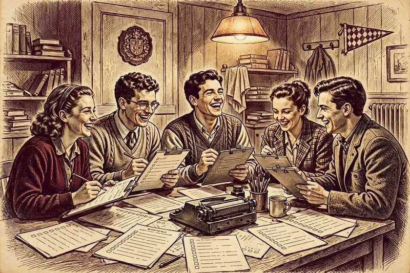 Illustration of students in a dorm common room filling in a paper purity test checklist together