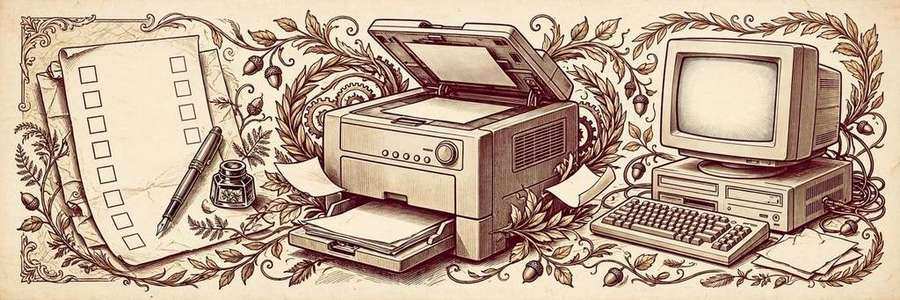 Illustration of the test journeying from a paper list and photocopier to an early computer