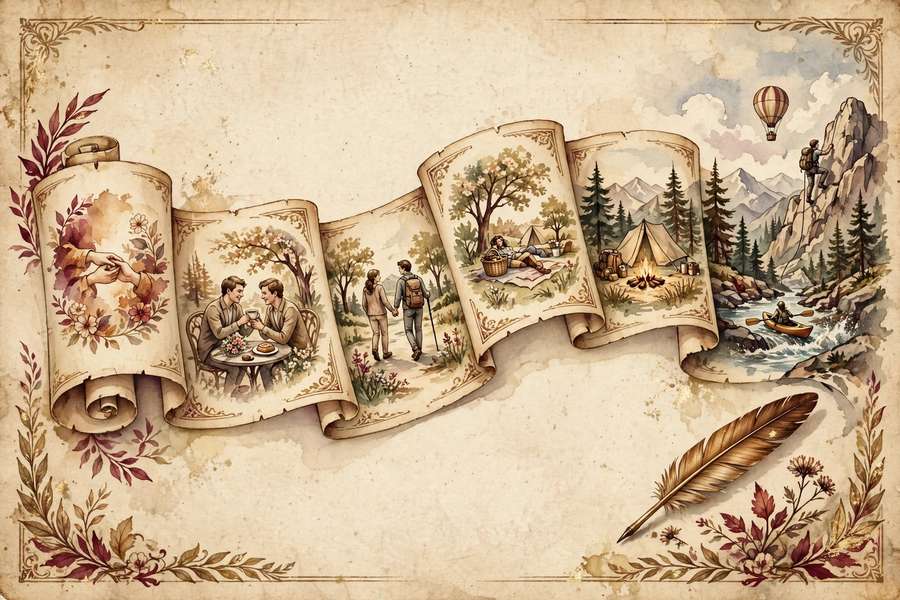A long vintage paper checklist flowing from gentle everyday scenes to wilder adventurous scenes