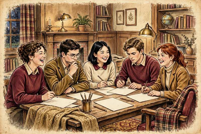 Students in a dorm common room working through a paper questionnaire together