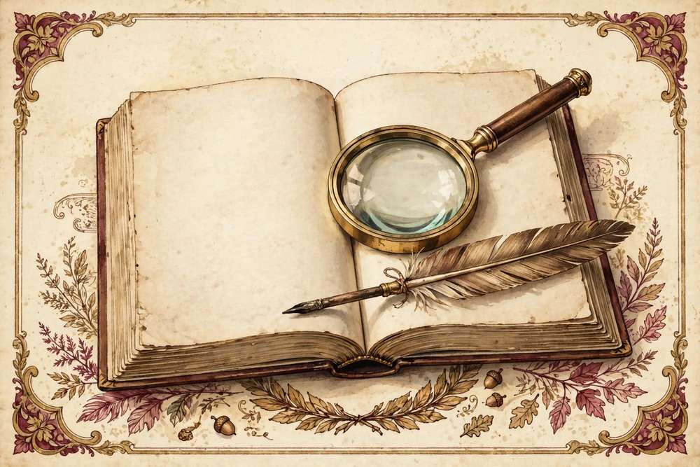 An open antique dictionary with a magnifying glass and quill