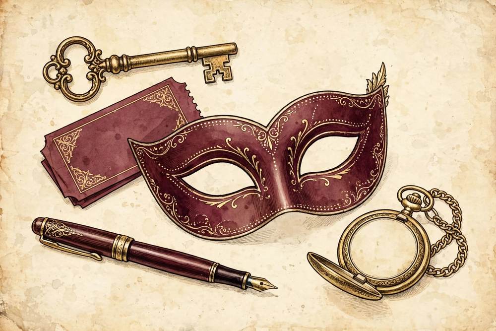 Small vintage objects on parchment, a key, a dance ticket, a party mask, a pen and a pocket watch