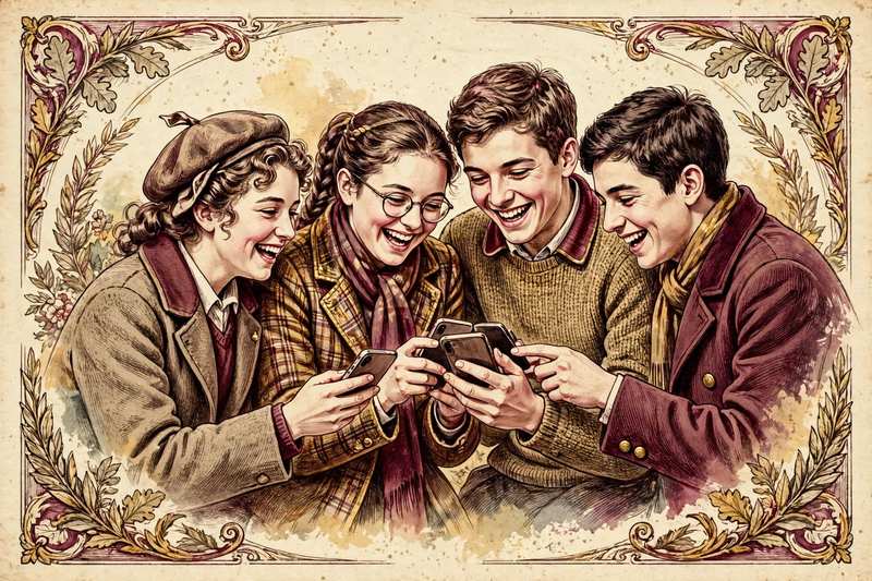 Young students laughing together while sharing their test scores on their phones